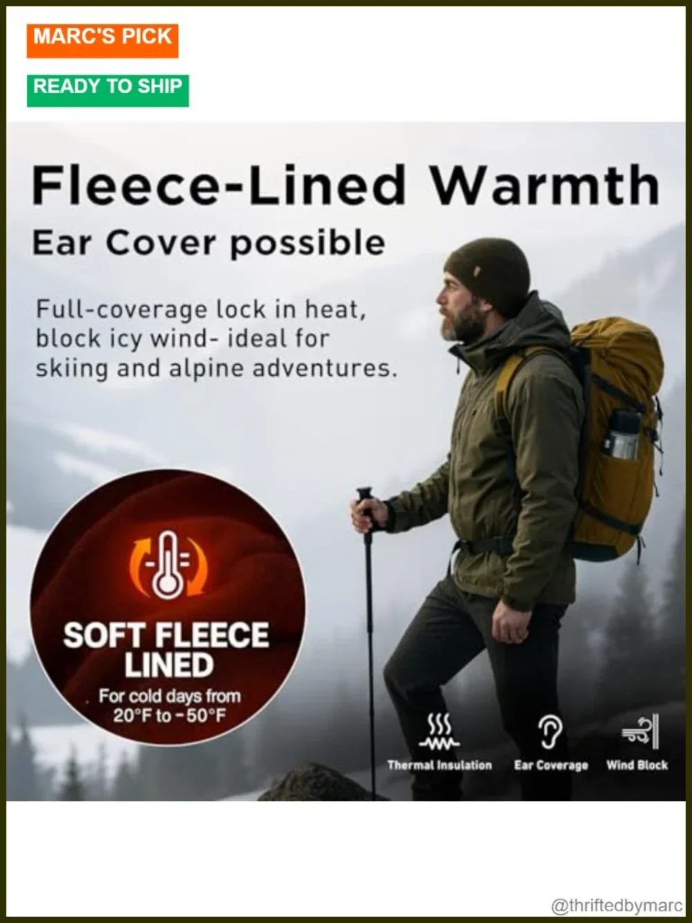 100% Merino Wool Fleece Lined Oversized Beanie Cuffed Watch Cap